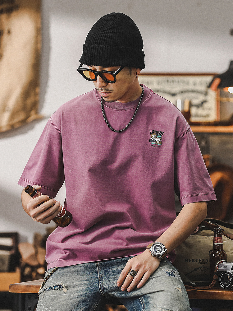 美式潮牌紫色T恤男2024新款趣味塗鴉夏季300g重磅短袖寬鬆上衣男