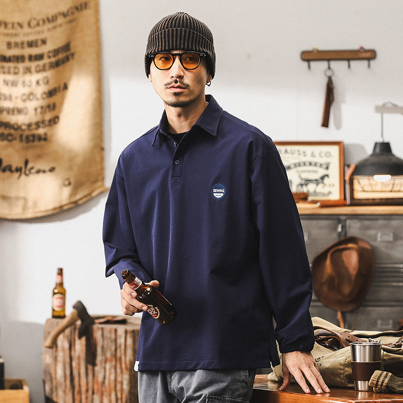【四面彈力】美式山系復古POLO領襯衫男長袖寬鬆秋季戶外休閒襯衣
