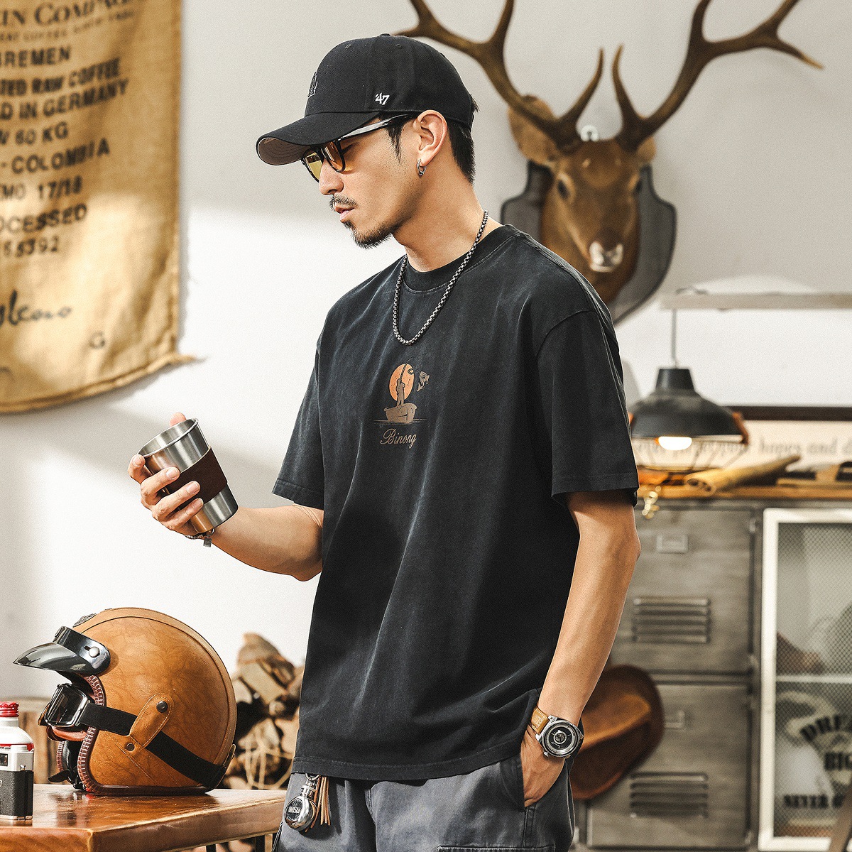 美式復古水洗做舊T恤男短袖夏季2025新款潮牌重磅寬鬆上衣男