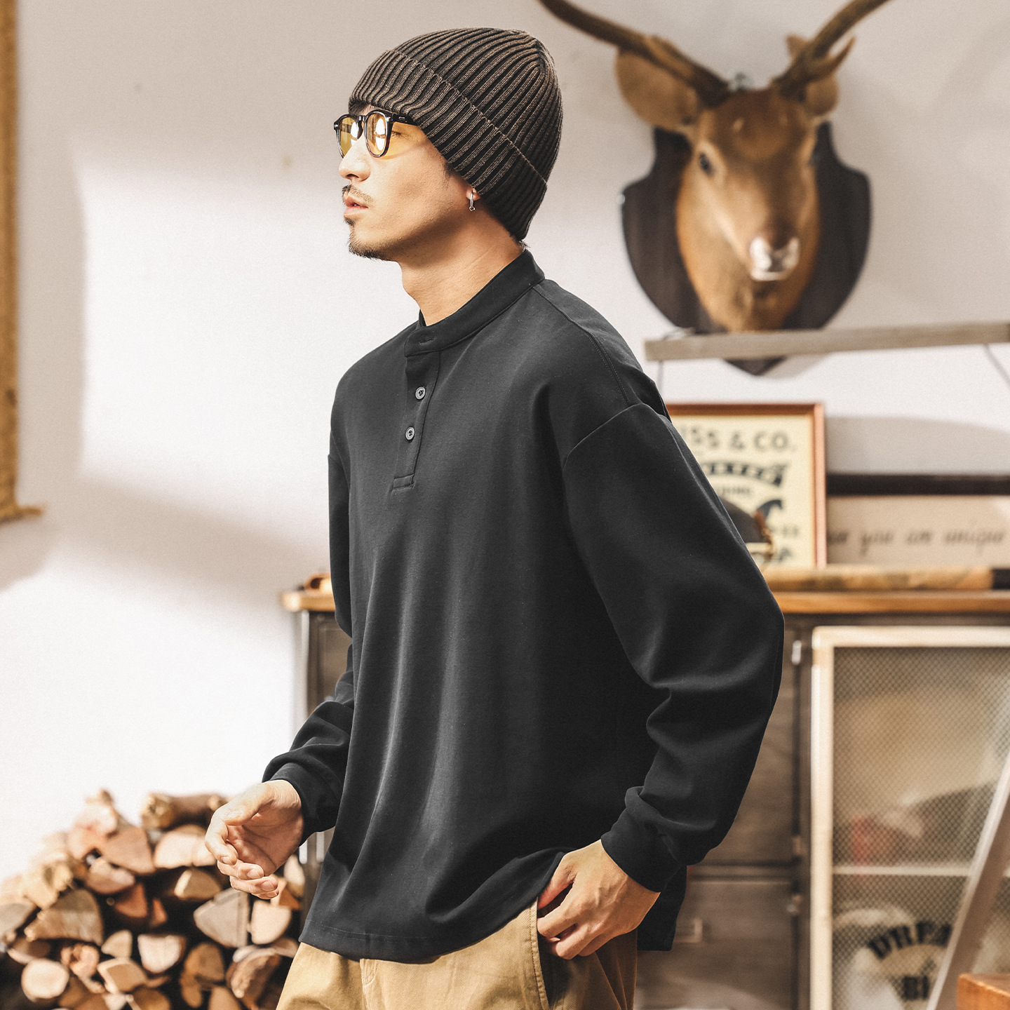 美式復古亨利領男士polo衫長袖t恤男秋季新款重磅磨毛親膚打底衫