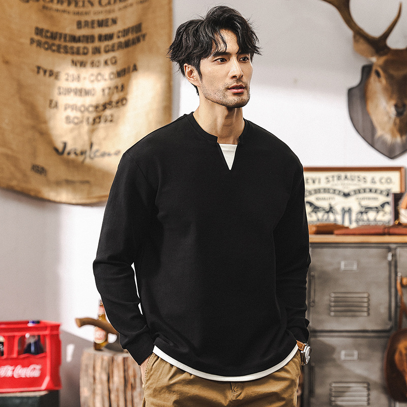 美式復古360g重磅長袖T恤男秋季新款潮牌雙層V領假兩件寬鬆上衣男