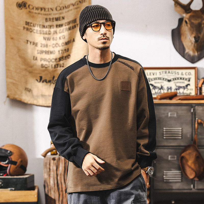 美式復古420g重磅長袖T恤男春季2025新款高級感男士拼接衛衣