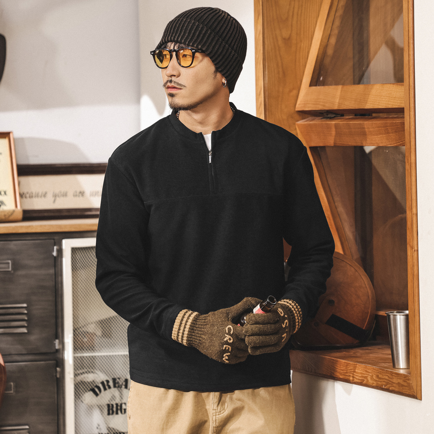 美式復古半拉鍊男士polo衫長袖男秋季320g重磅T恤男寬鬆休閒上衣