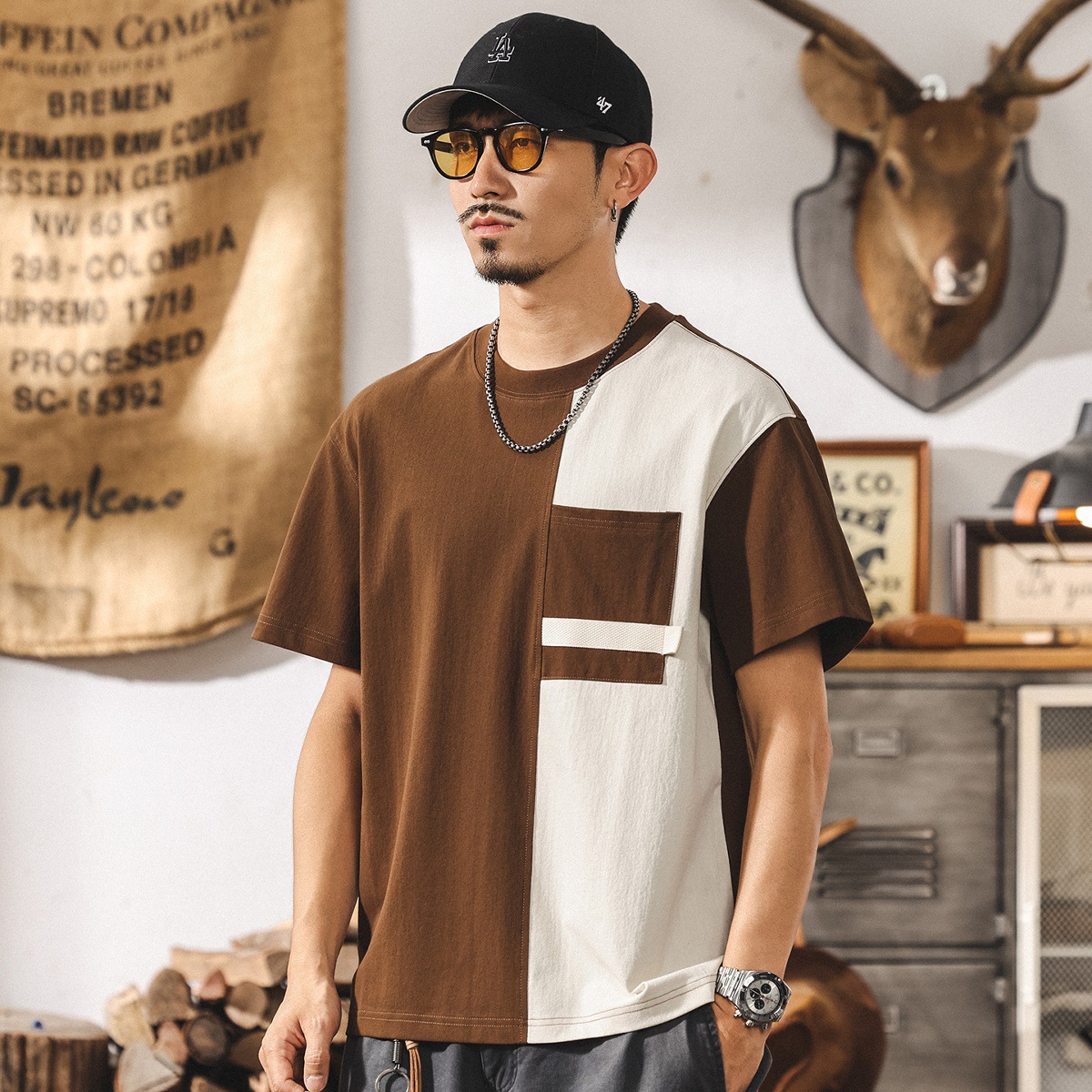 夏季新款T恤男短袖2025潮牌美式復古拼色寬鬆半袖男生體恤上衣潮T