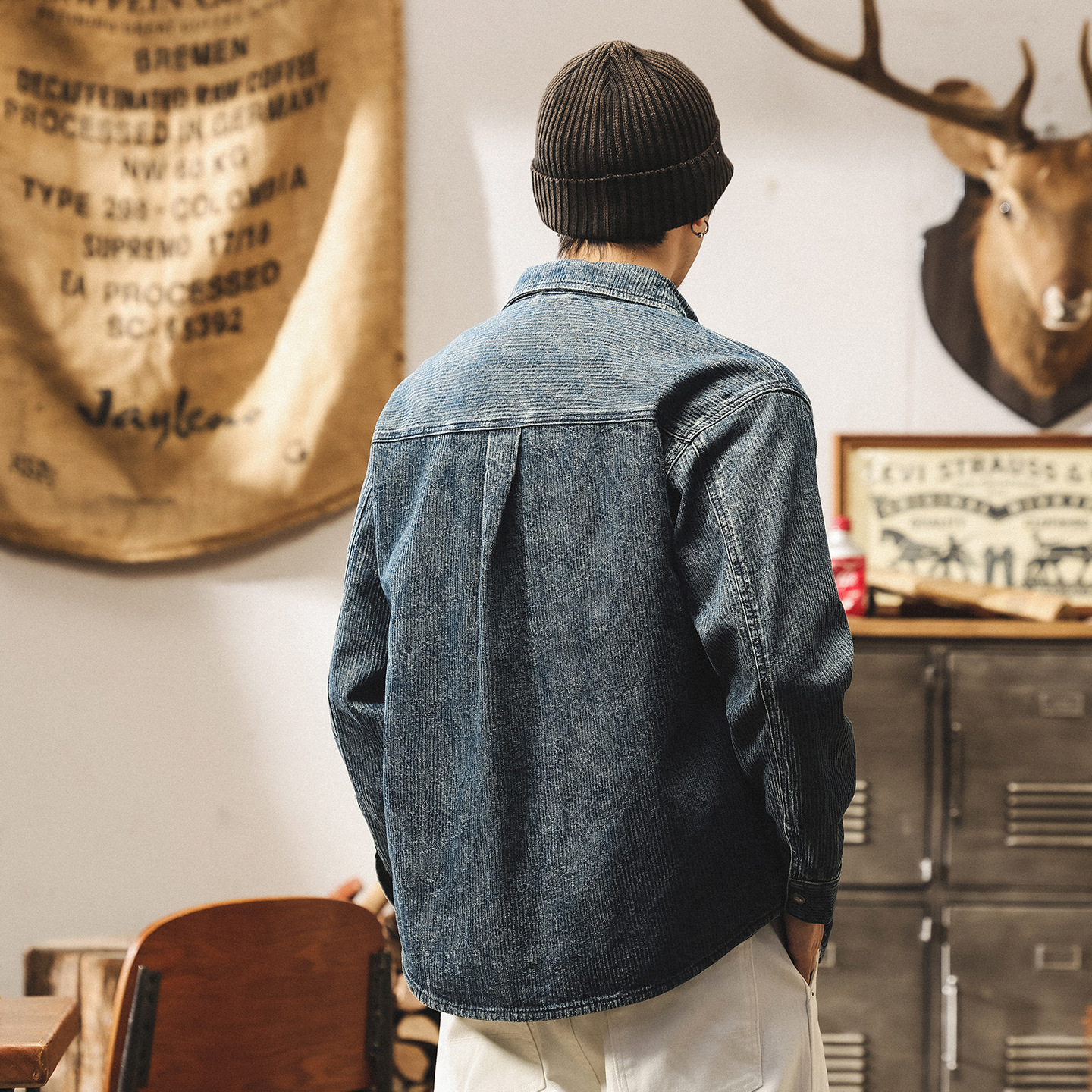 美式復古提花條紋牛仔外套男春秋新款襯衫男長袖潮牌寬鬆休閒襯衣