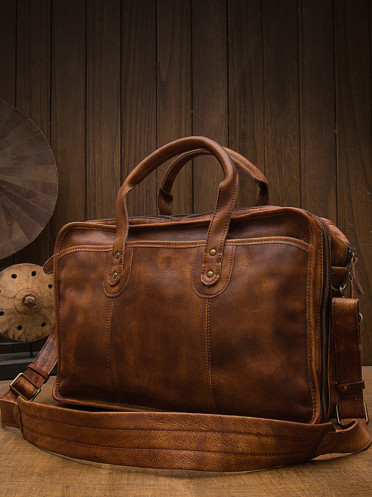 手工男士復古公文包手提男包頭層牛皮旅行包男款單肩斜挎包電腦包