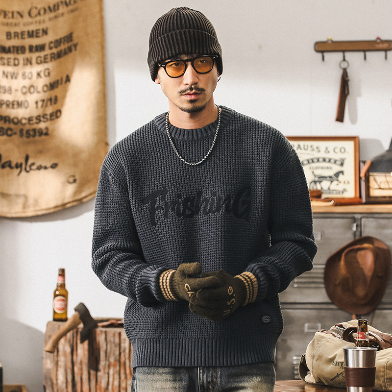美式重磅復古毛衣男冬季潮牌寬鬆大碼加厚粗線針織衫男外套秋冬款