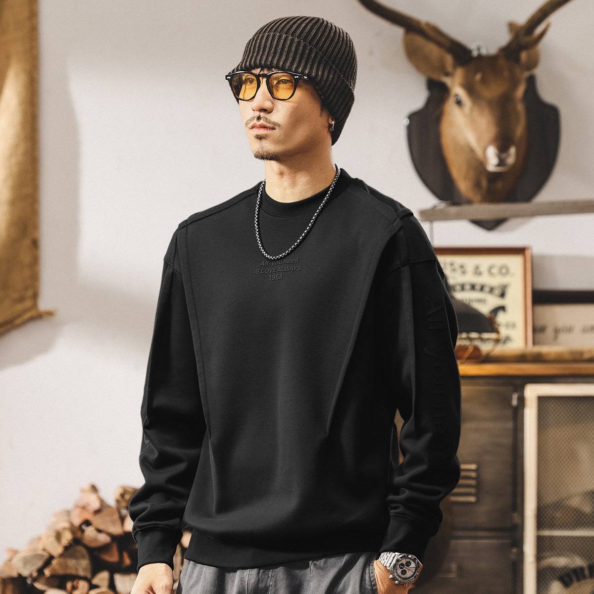 美式復古廓形重磅衛衣男春秋新款潮牌設計感結構寬鬆大碼男士上衣