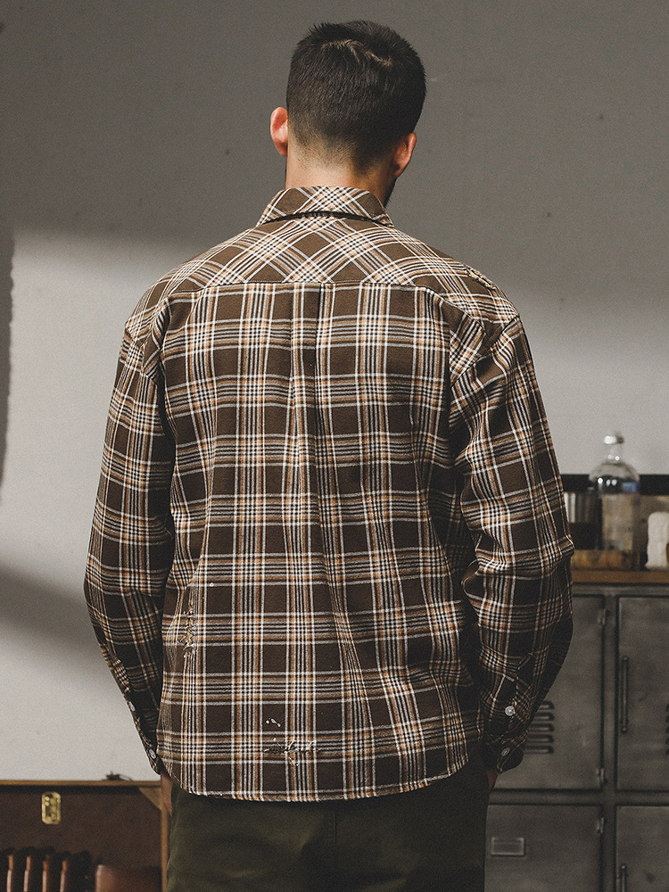 美式復古重磅磨毛格子襯衫男2024春季新款美拉德寬鬆帥氣長袖襯衣