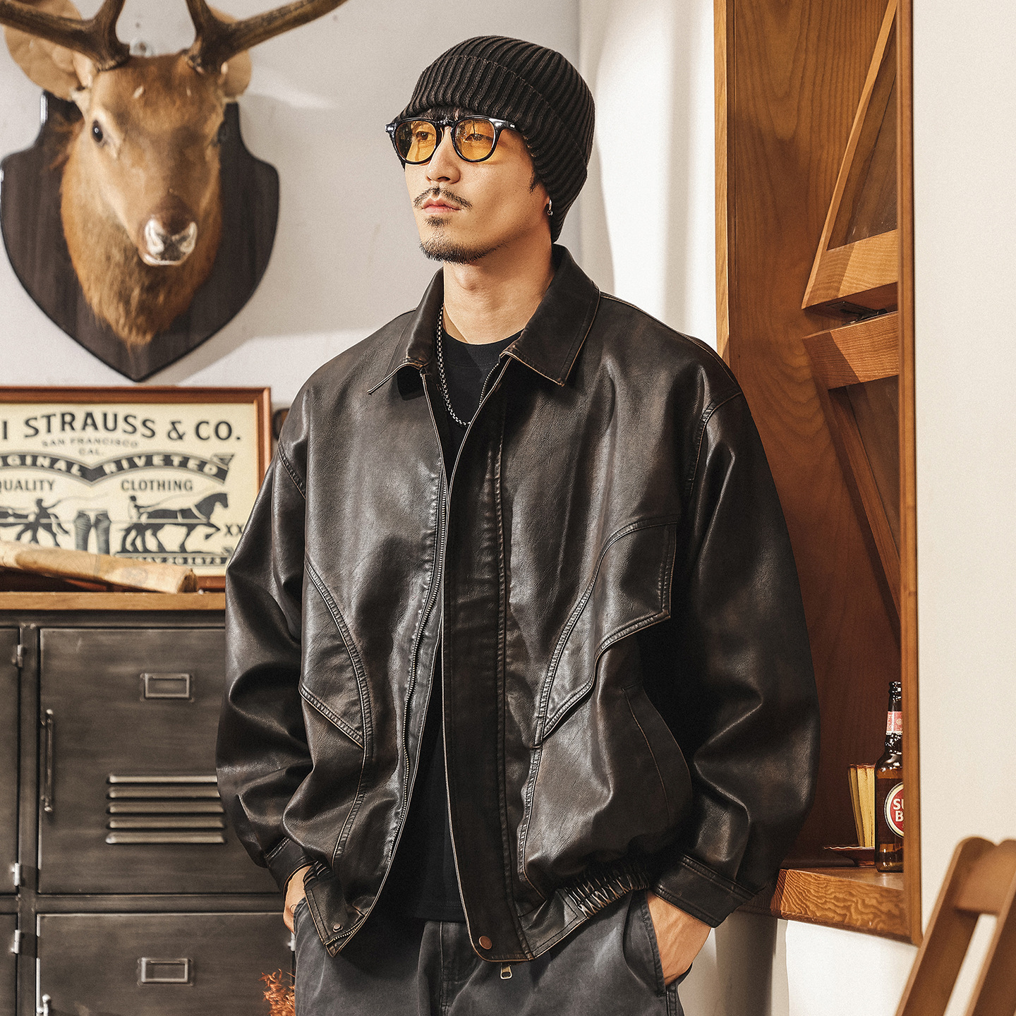 美式復古廢土風PU軟皮衣外套男春秋寬鬆不羈帥氣潮流機車皮夾克男