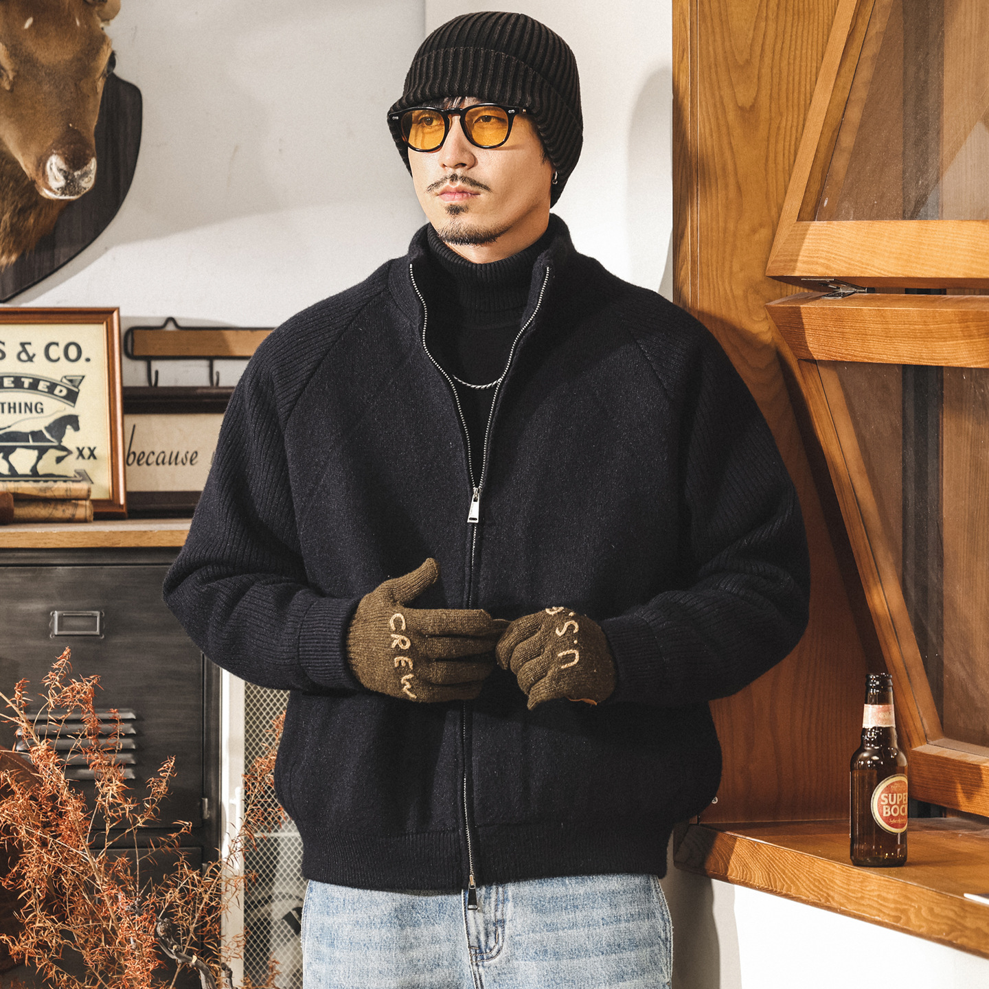 美式復古針織羽絨服男款冬季加厚半高領男士毛衣寬鬆抗寒保暖外套