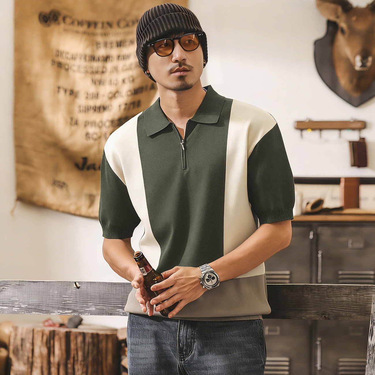 美式復古老錢風針織短袖POLO衫男夏季新款撞色半拉鍊寬鬆男士T恤