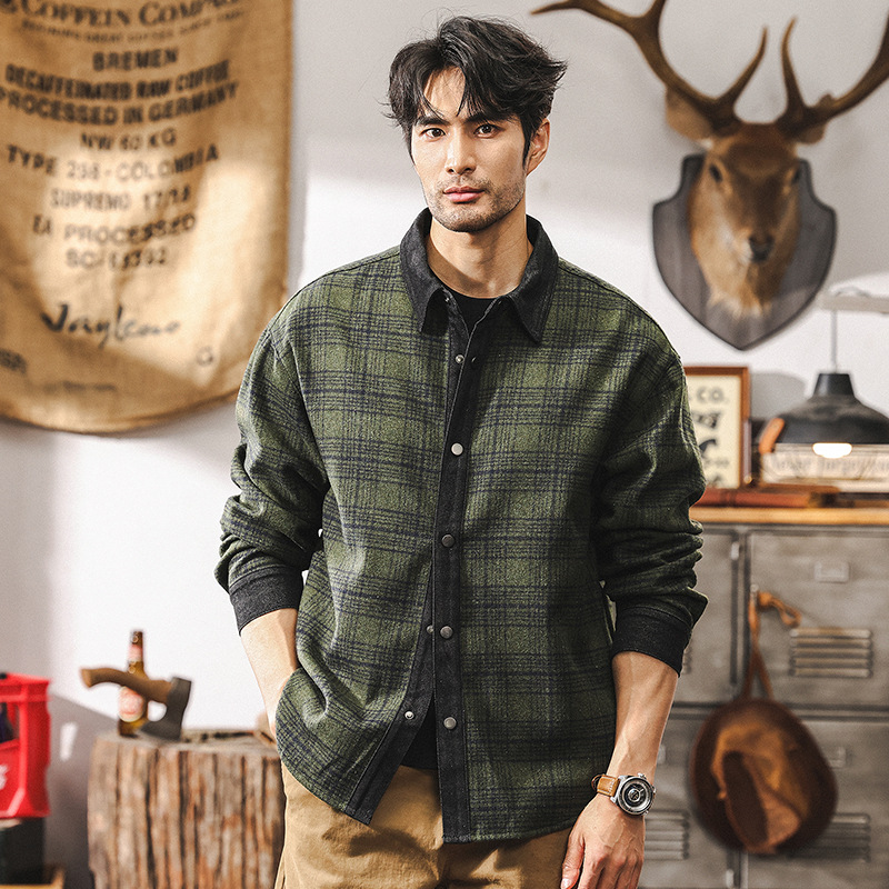 美式經典復古牛仔襯衫男秋季新款硬漢痞帥上衣潮牌長袖格子襯衣男
