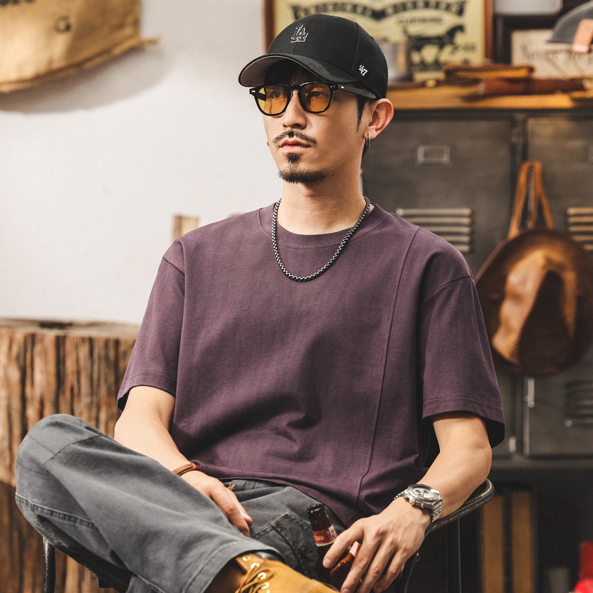 美式復古潮牌男士短袖t恤夏季2025新款簡約百搭紫色多巴胺上衣潮T