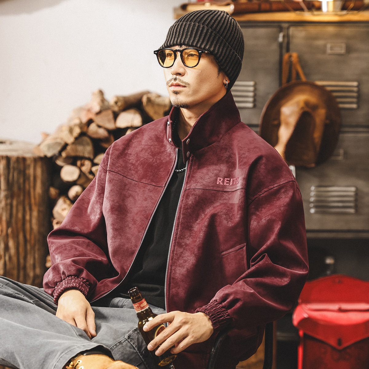 美式復古扎染斑駁做舊皮衣外套男春秋新款潮流痞帥機車寬鬆皮夾克