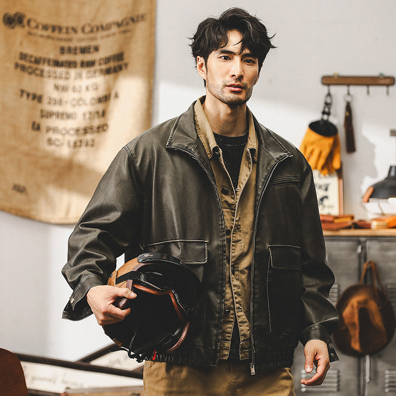 美式復古機車軟皮衣外套男秋季潮牌寬鬆硬漢痞帥男士休閒工裝夾克