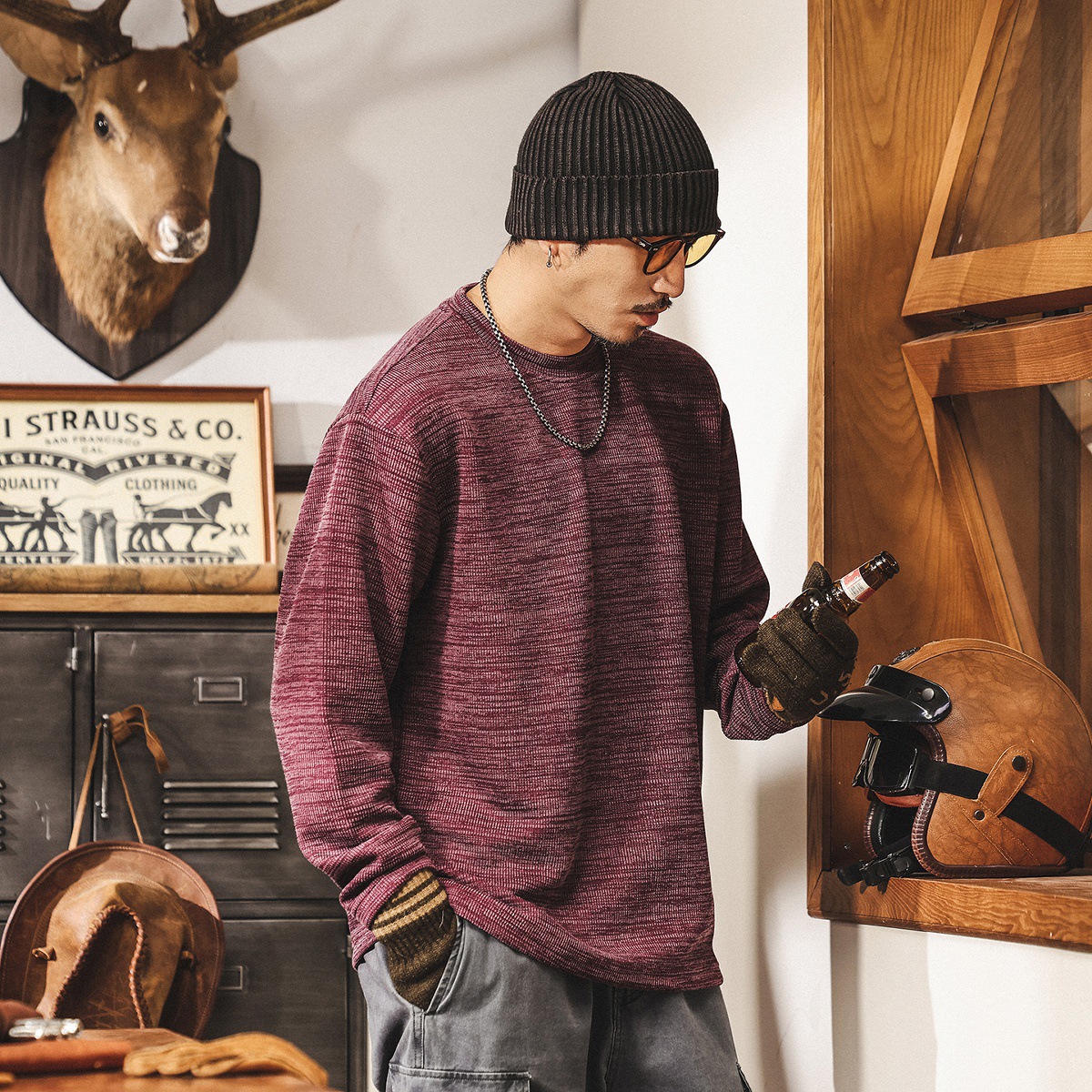 美式復古300g重磅長袖t恤男秋季新款提花肌理感寬鬆棗紅色上衣男