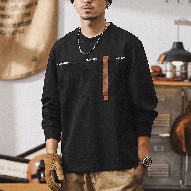 美式潮牌重磅長袖t恤男秋季2024新款撞色潮流休閑寬松上衣男