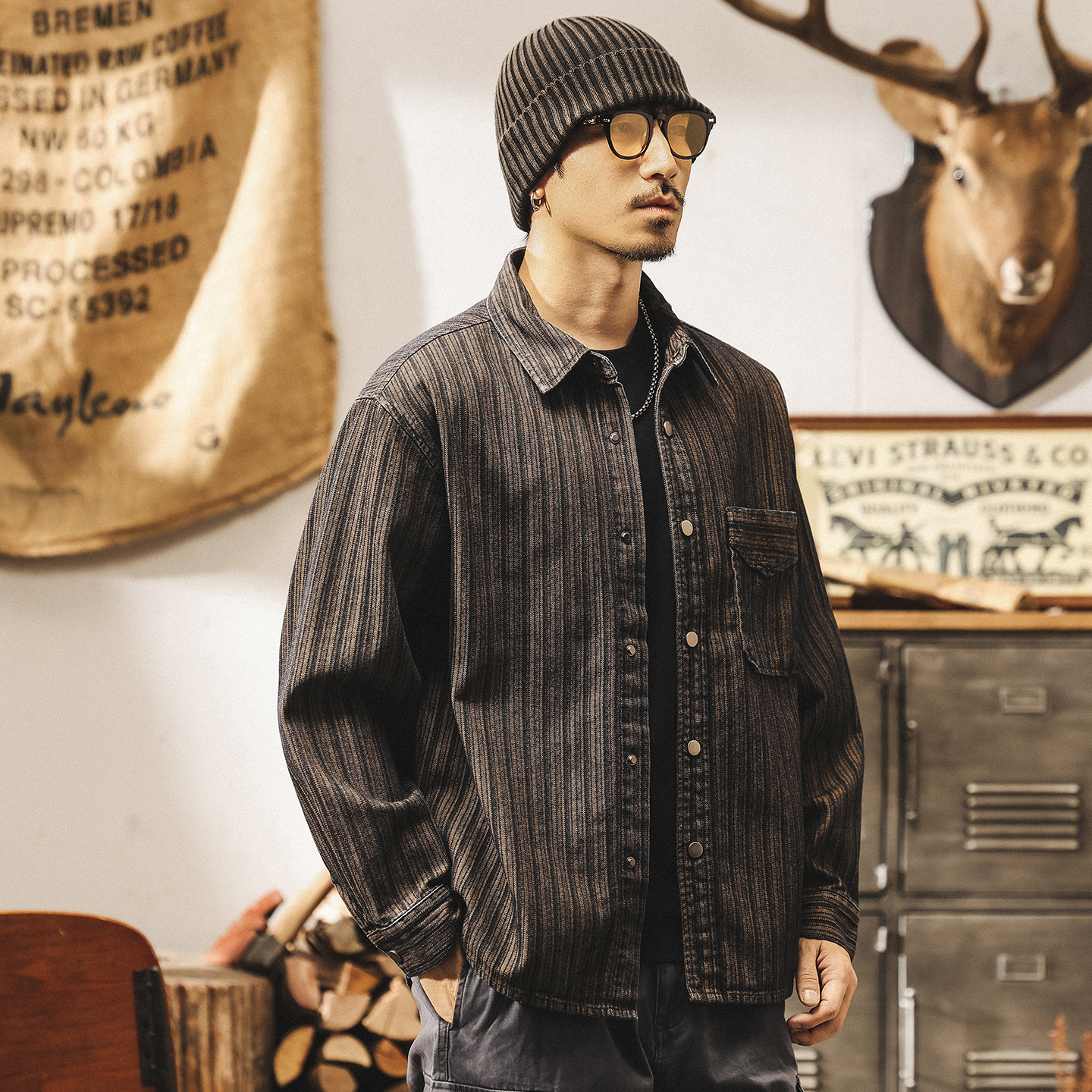 美式復古咖色條紋襯衫男長袖秋季潮牌寬鬆休閒外套男春秋新款襯衣