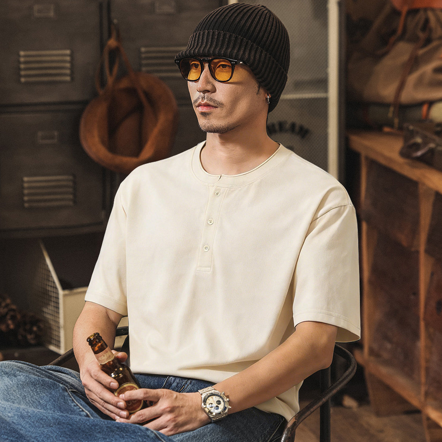 美式復古亨利領亞麻短袖男款T恤夏季2026新款潮牌寬鬆男士Polo衫