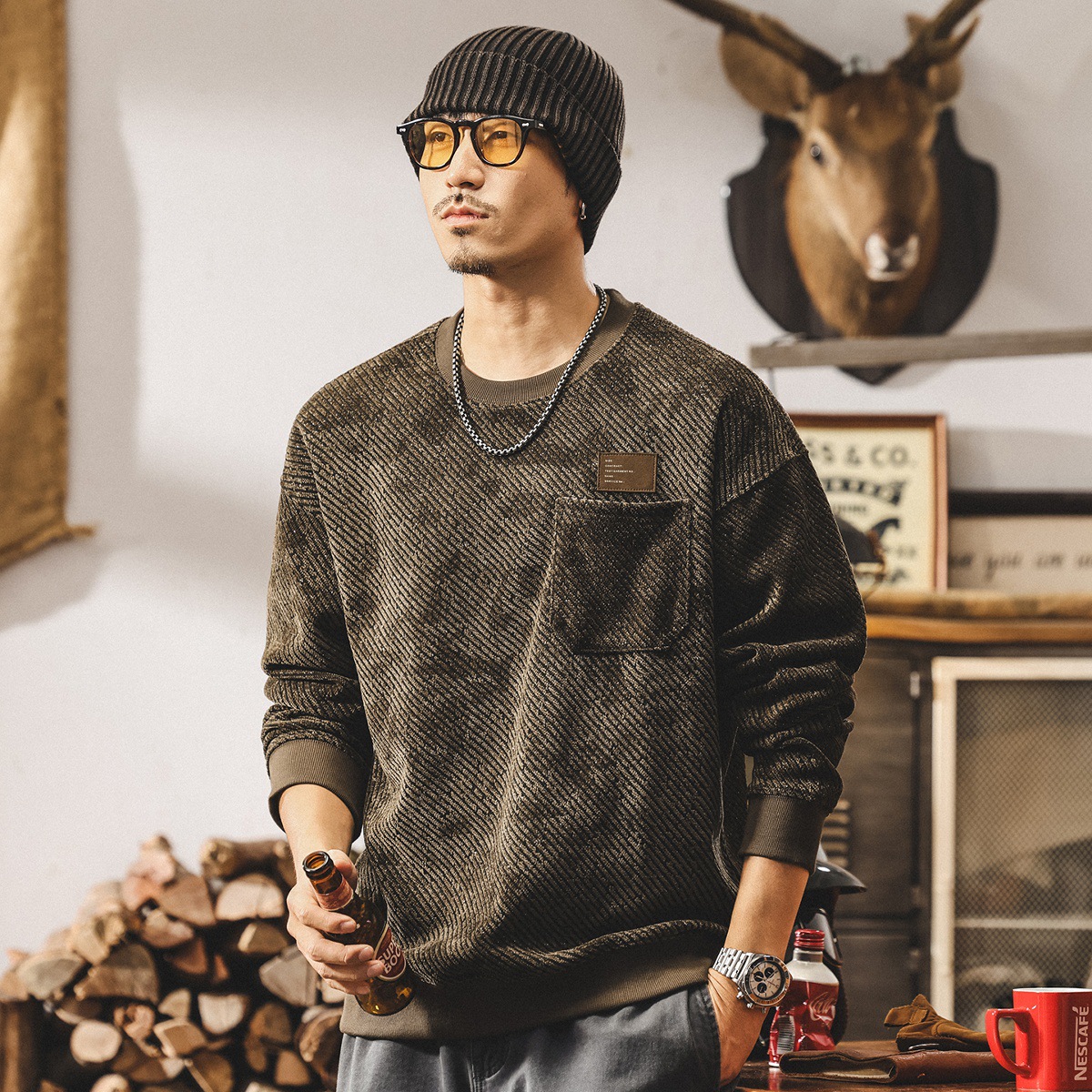 美式復古重磅肌理男士衛衣秋季2025新款潮牌寬鬆大碼春秋長袖上衣