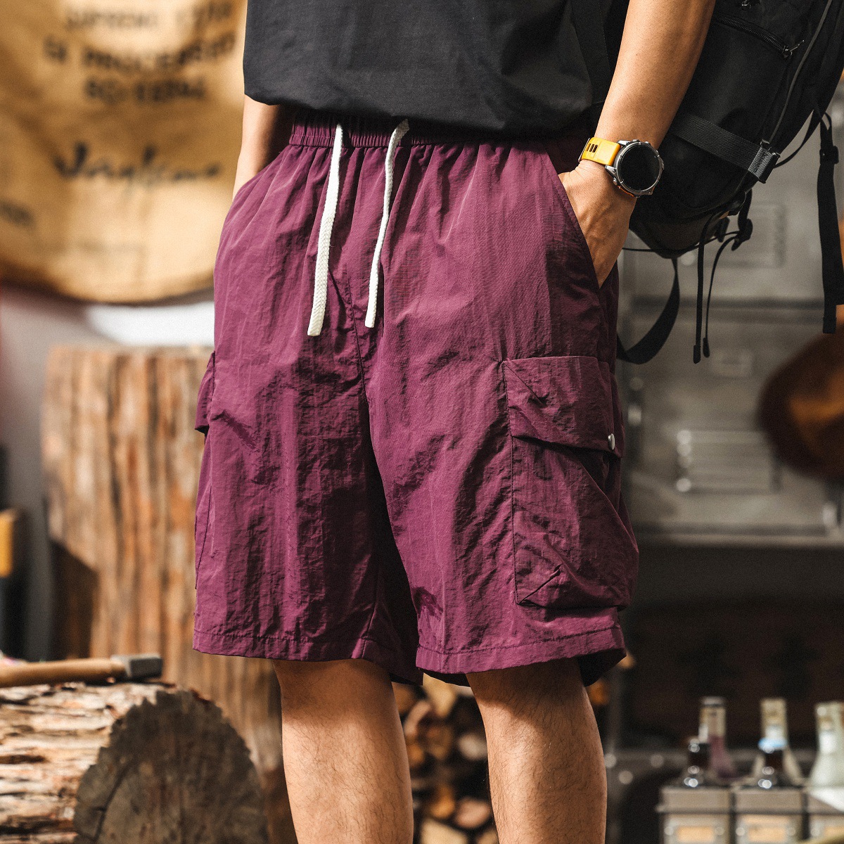 美式復古輕薄涼感速幹工裝短褲男款夏季薄款卡其色休閒寬鬆五分褲