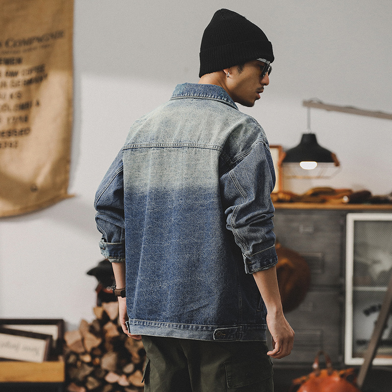 美式經典工裝夾克男春秋2024新款痞帥做舊磨白納米水洗牛仔外套男
