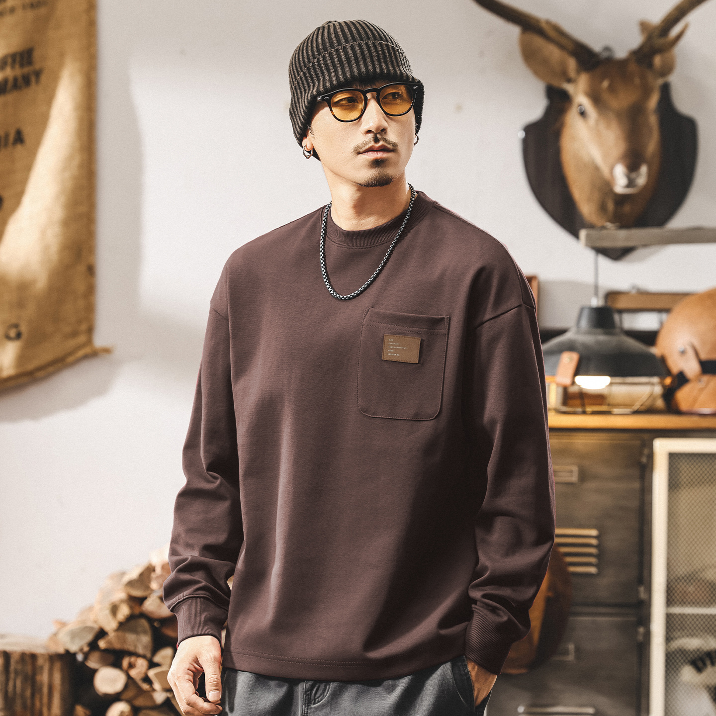 美式復古重磅衛衣男春秋2025新款長袖t恤男秋季寬鬆大碼潮流上衣T