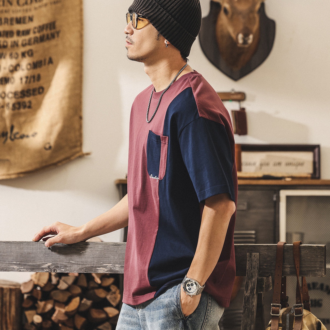 美式復古拼接撞色短袖男夏季新款250g重磅T恤男潮流寬鬆上衣