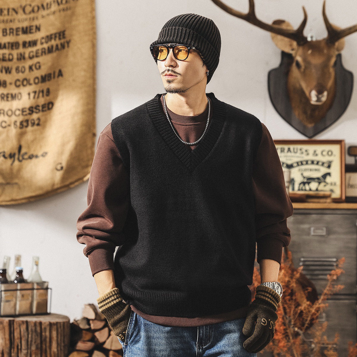 美式復古針織衫馬甲男冬季保暖無袖毛衣男士內搭打底寬鬆坎肩背心