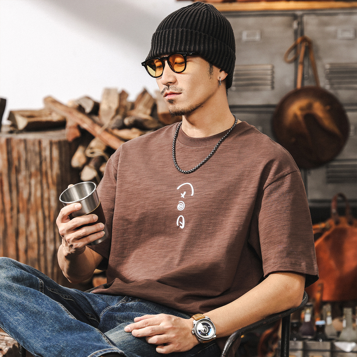 美式復古重磅竹節棉短袖T恤男夏季2025新款潮牌簡約刺繡休閒上衣T