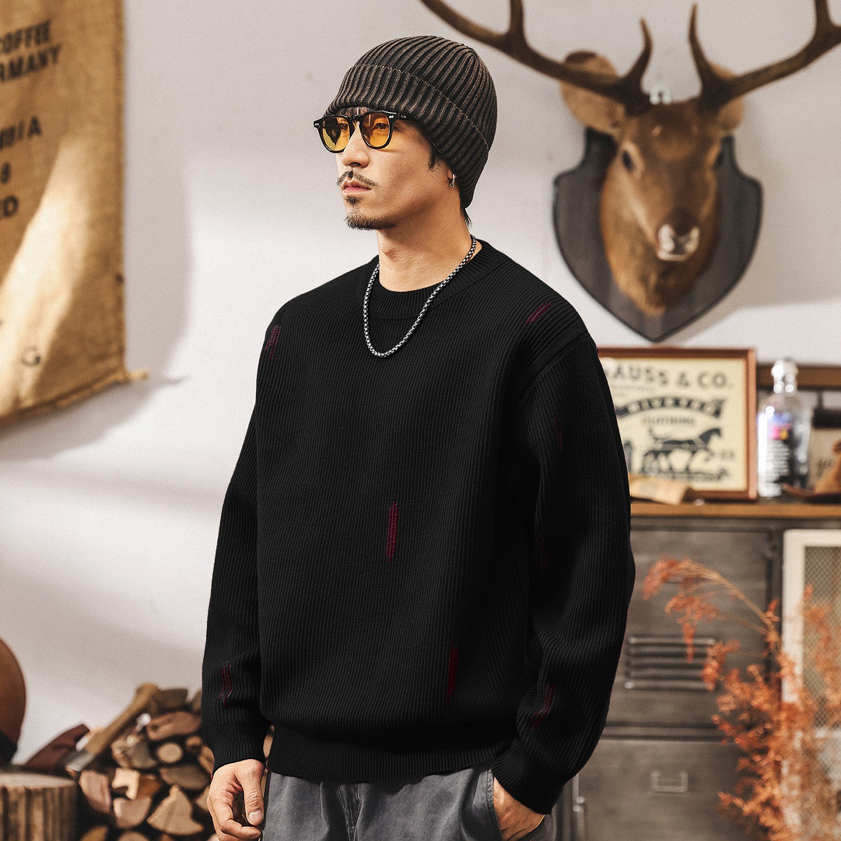 美式重磅復古波爾多紅色毛衣男秋季2025新款男士針織衫秋冬外套男