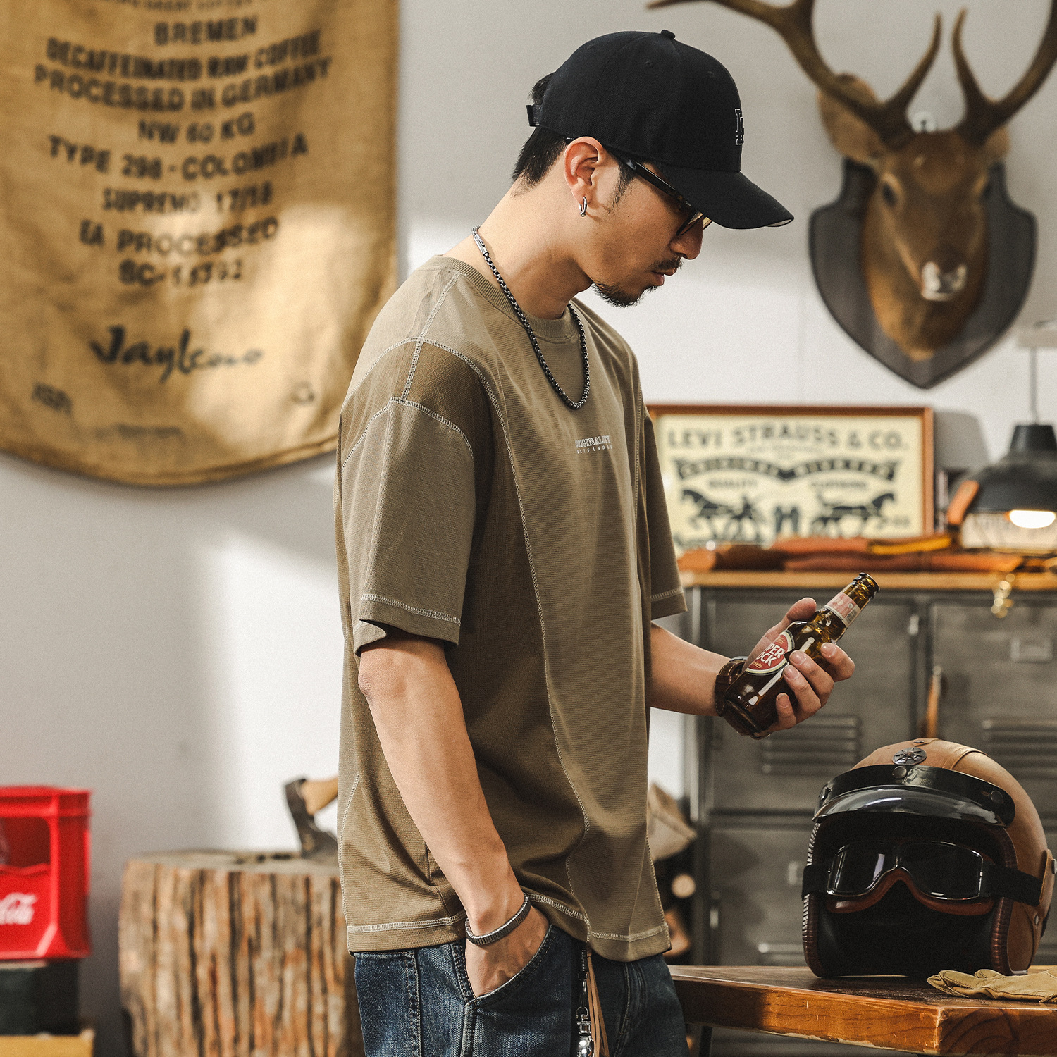 萊賽爾天絲卡其色夏季T恤男寬鬆透氣短袖男款潮牌撞色大碼上衣男