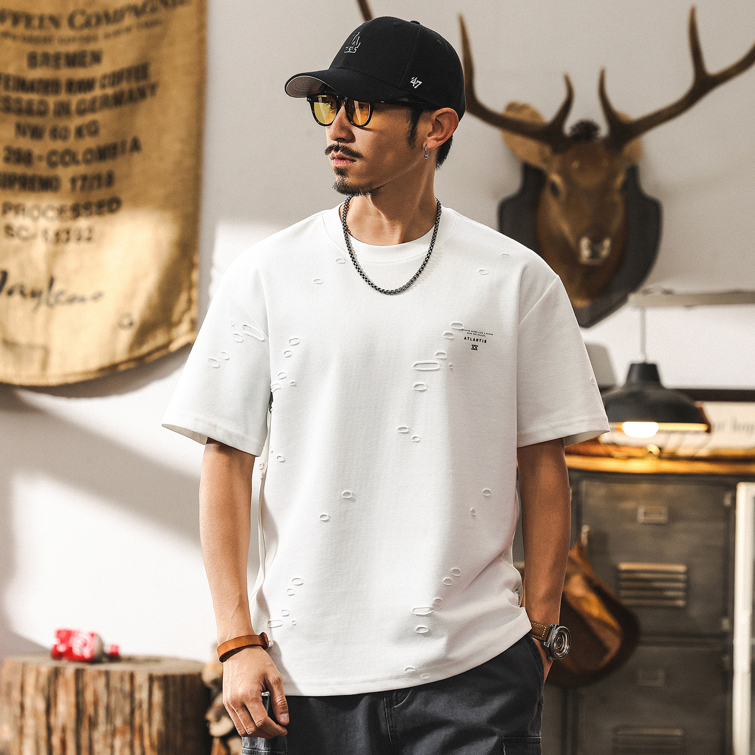 美式復古重磅短袖男款夏季潮牌破洞設計感男士T恤男寬鬆半袖上衣