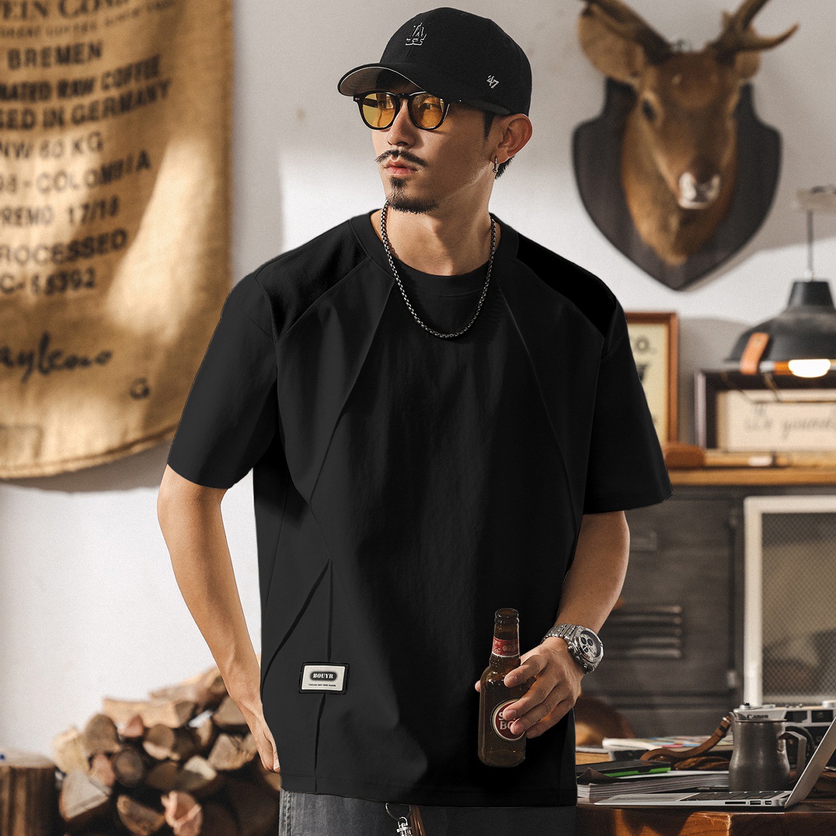 美式潮流短袖T恤男夏季新款潮牌設計感拼接體恤男士寬鬆休閒上衣T