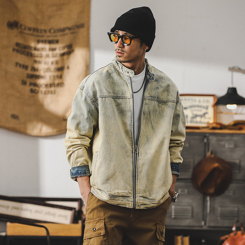 美式重磅复古立领机车夹克男春季痞帅黄泥染做旧赛络纺牛仔外套男