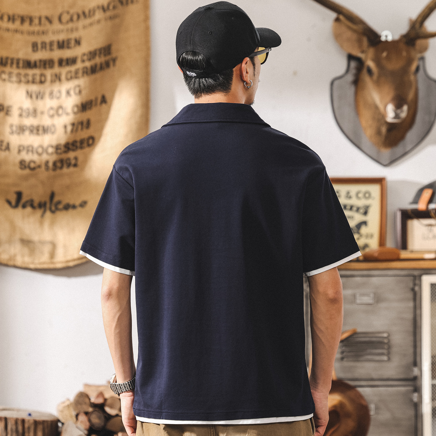 美式復古假兩件短袖Polo衫男士夏季潮牌寬鬆t恤男裝休閒半袖上衣T