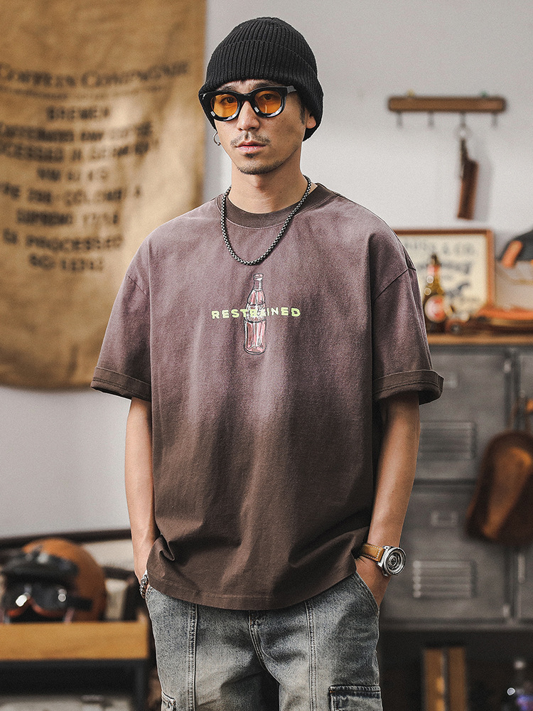 夏季咖色重磅T恤男短袖個性創意印花潮流男士半袖寬鬆上衣男