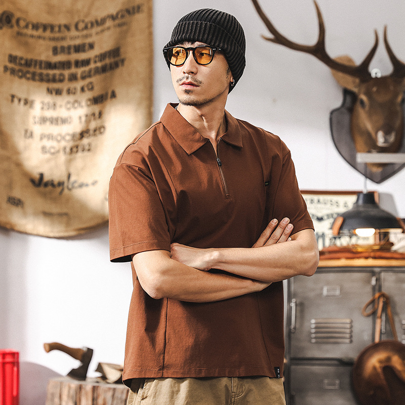 美拉德復古短袖男夏季T恤男美式2025新款寬鬆半高拉鍊男士polo衫