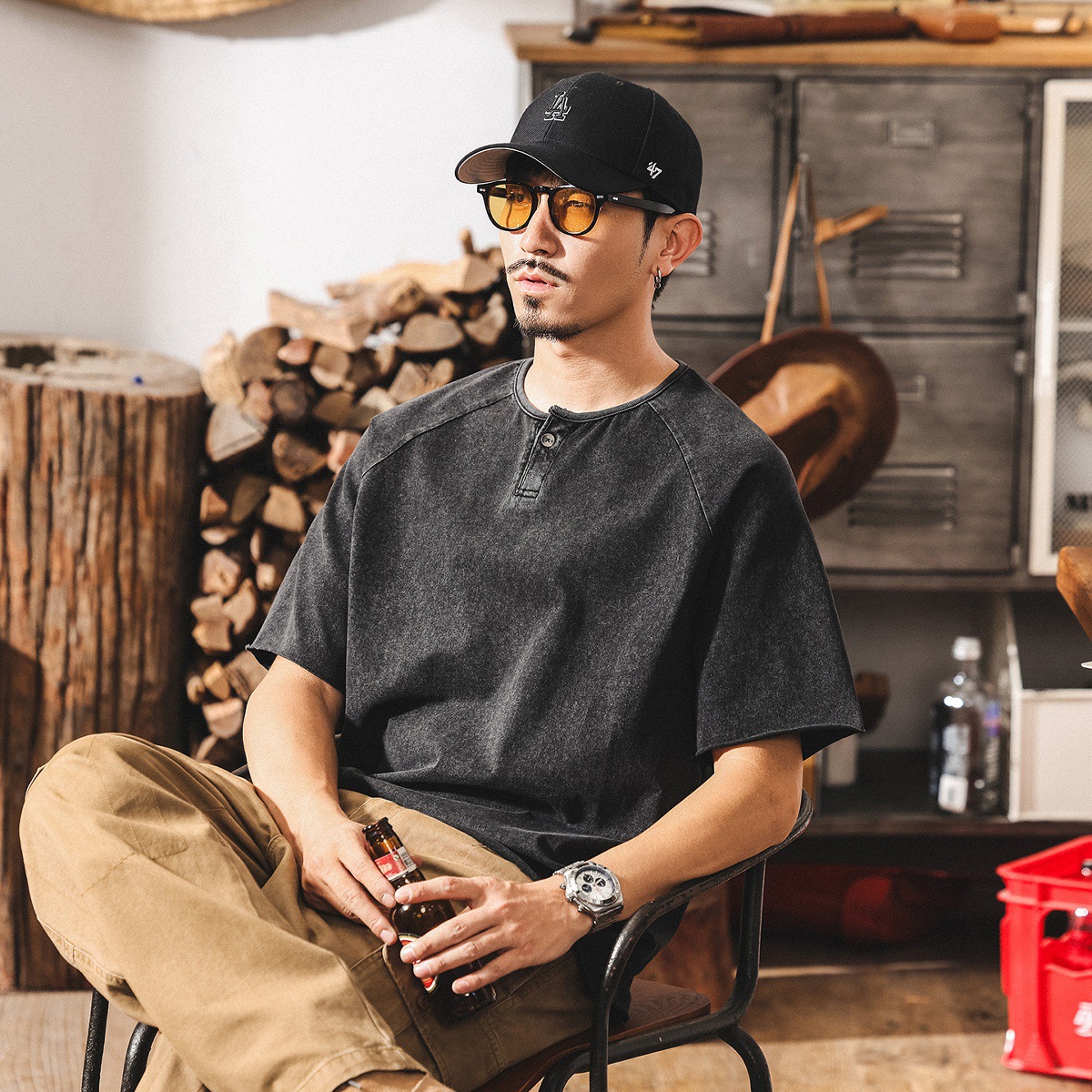 美式復古亨利領POLO衫男短袖2025夏季新款硬漢痞帥雪花水洗T恤男