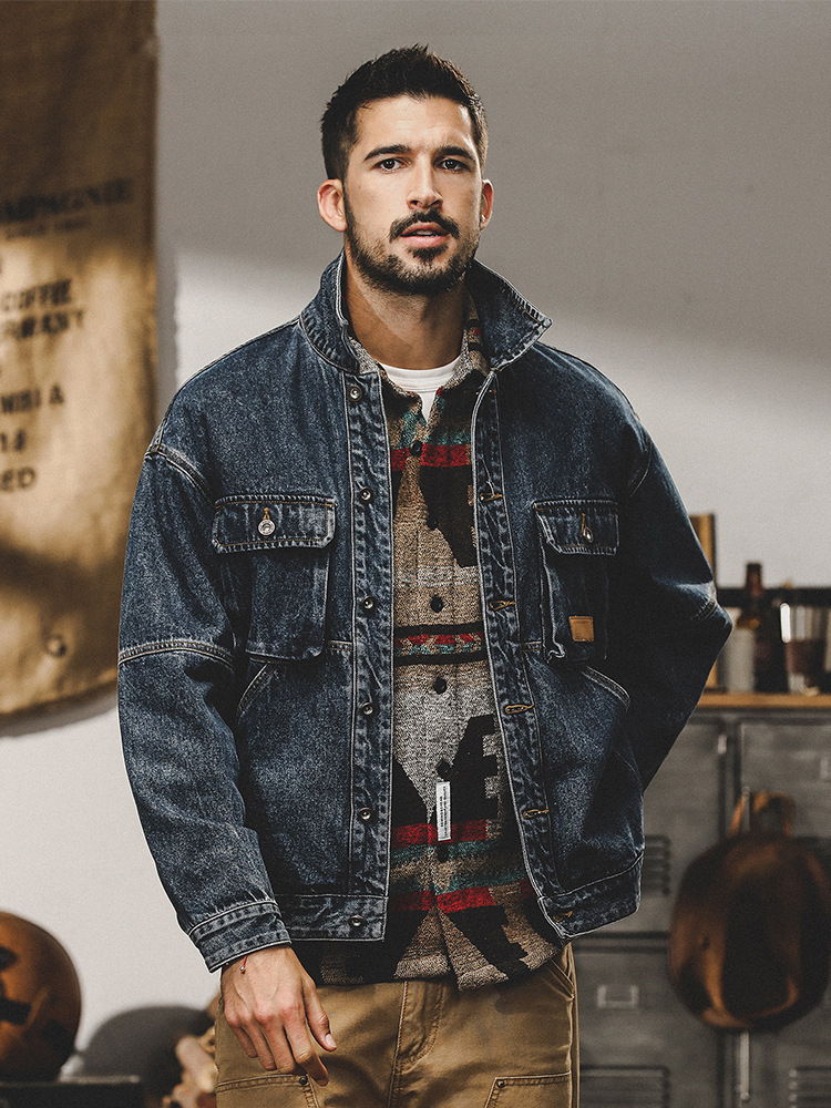 美式復古牛仔外套男硬漢潮流單排扣棉質聚酯纖維牛仔布春秋多口袋