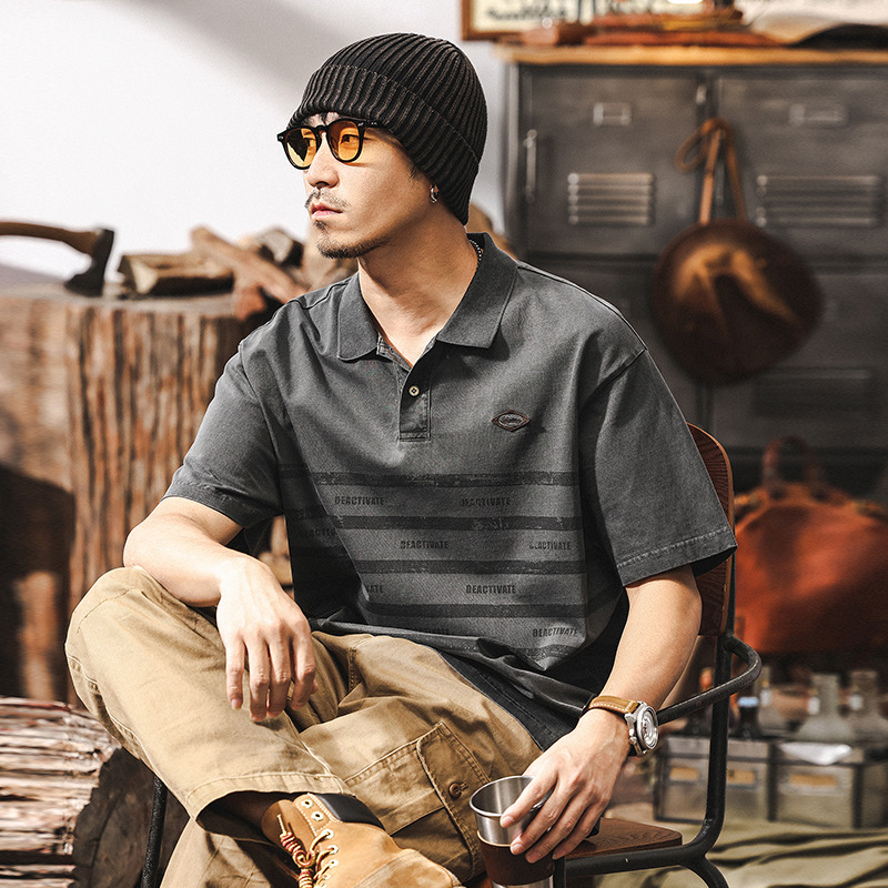 美式復古亨利領polo短袖男夏季2025新款重磅T恤男條紋上衣男