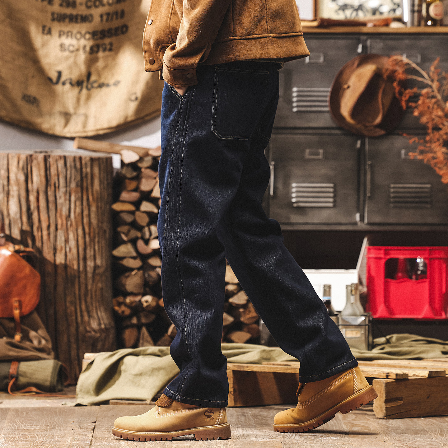 活性染防褪色美式復古加絨牛仔褲男直筒冬季加厚潮牌寬鬆休閒長褲