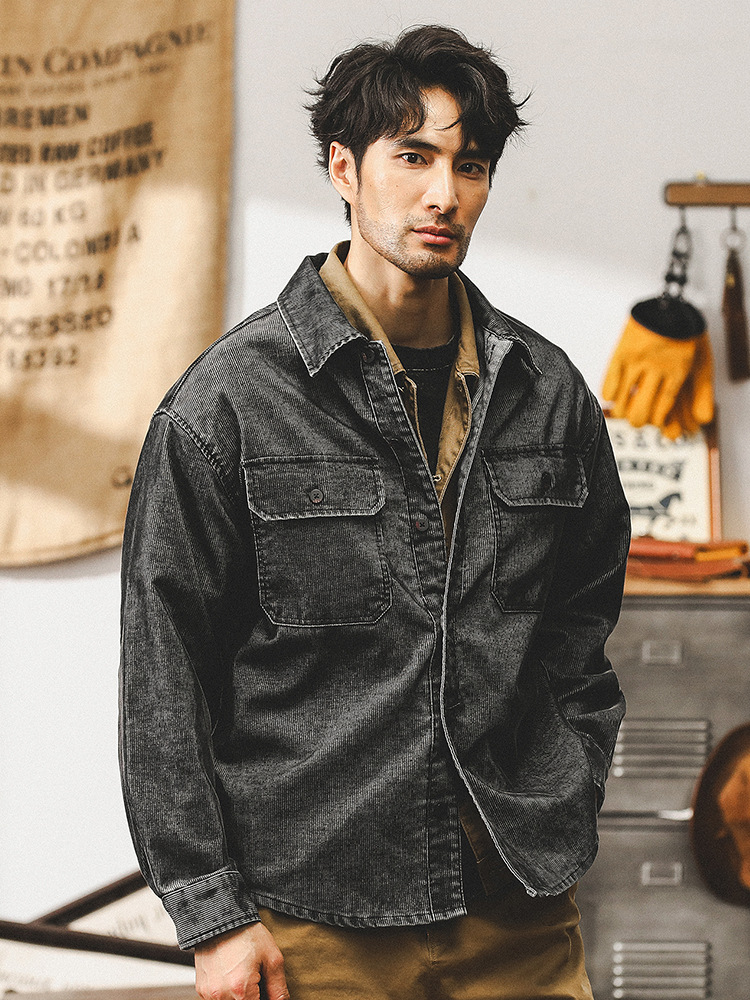美式重磅燈芯絨長袖襯衫男工裝外套複古做舊秋季男款寬松休閑夾克