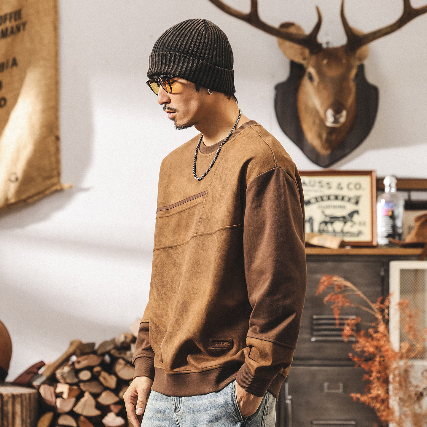 美式復古麂皮絨衛衣男春秋2025新款潮流設計感350g重磅寬鬆上衣男