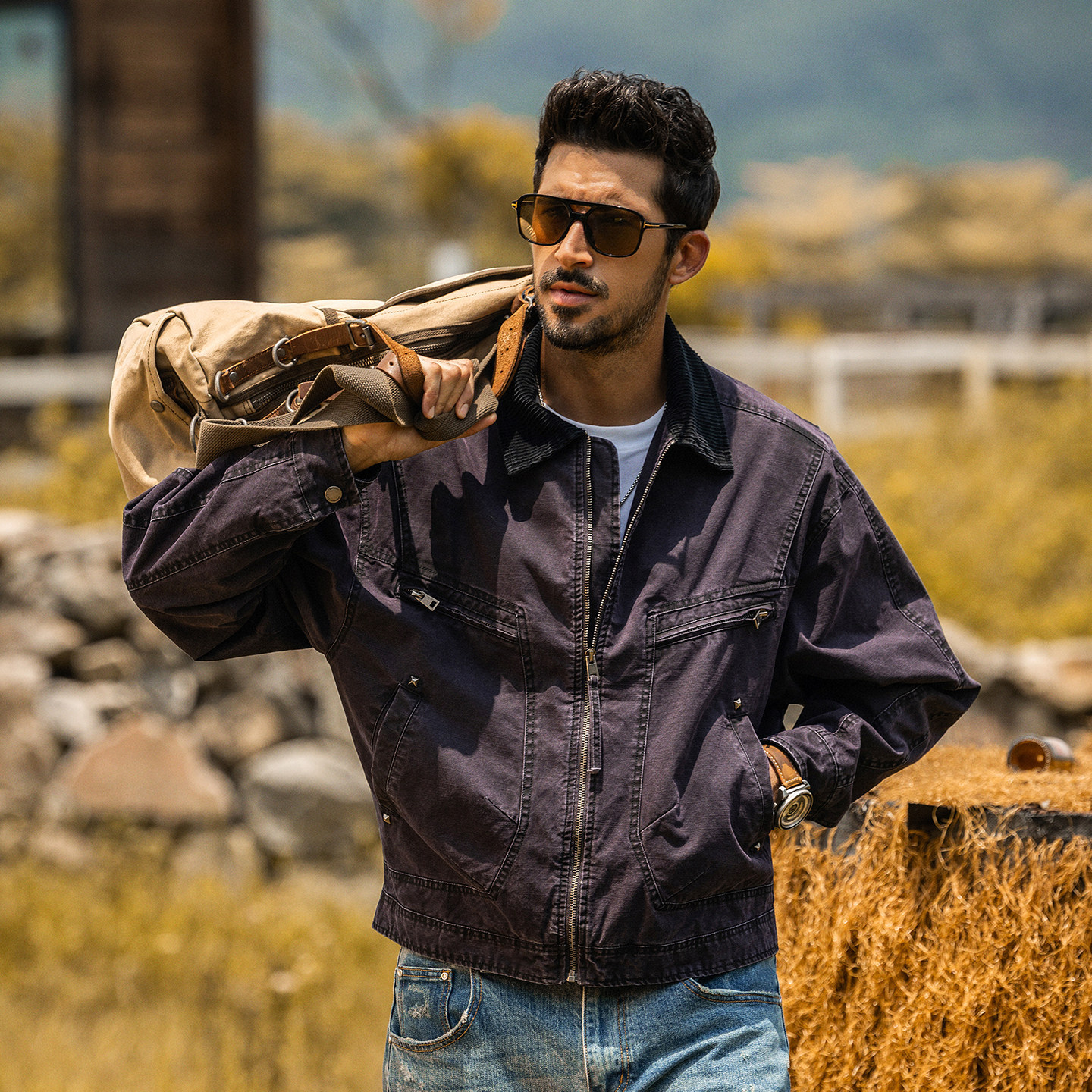 美式復古工裝夾克男短款寬鬆機車服春季新款機能硬漢獵裝男士外套