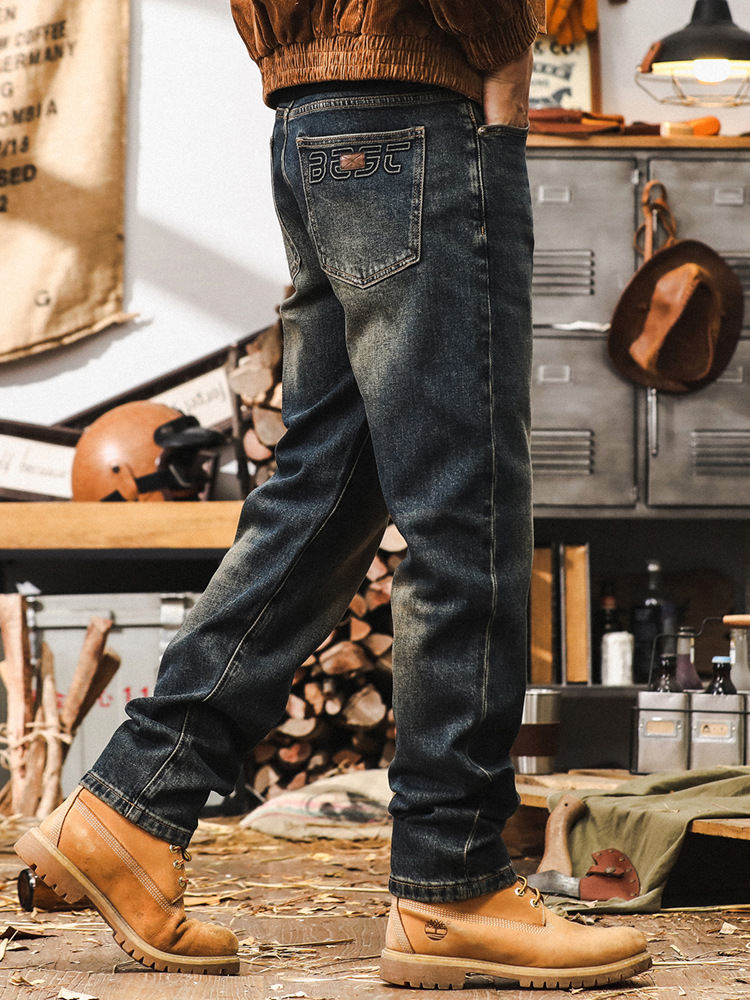 美式復古重磅高端牛仔褲男秋季2024秋季新款直筒做舊水洗休閒長褲