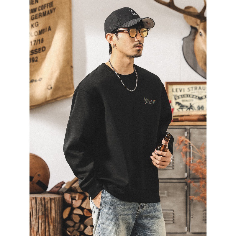 美式復古竹節重磅衛衣男春秋新款潮流彩色刺繡寬鬆大碼男士秋上衣