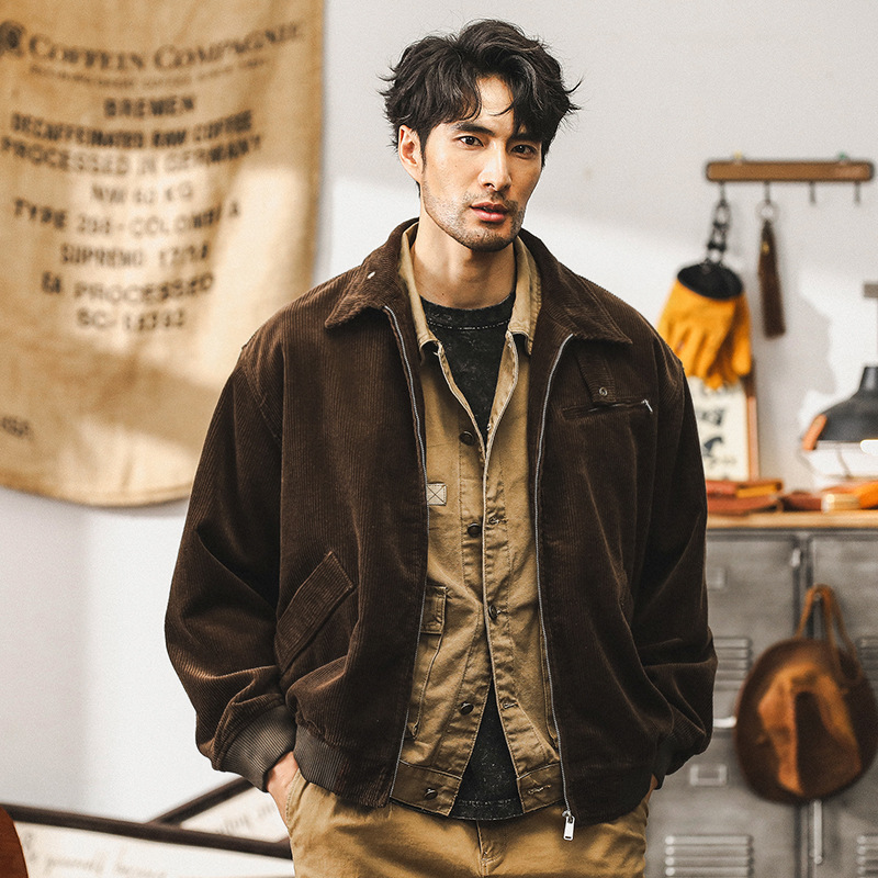 美式復古重磅燈芯絨外套男寬鬆秋季潮牌肌理痞帥硬核工裝教練夾克