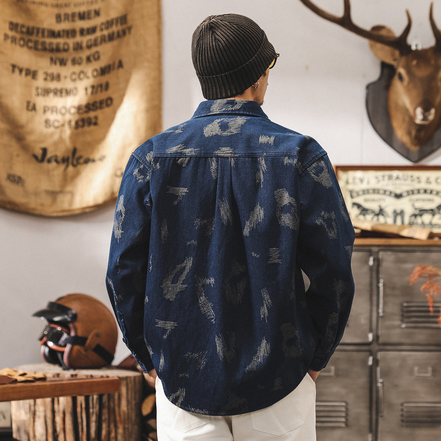 美式復古色織提花牛仔襯衫男長袖2025新款寬鬆工裝襯衣男春秋外套